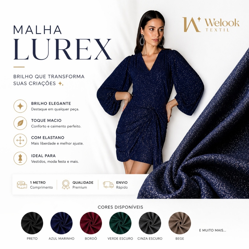 Malha Lurex com Elastano 1m ✨ Tecido Brilho para Vestido Festa, Saia e Blusa