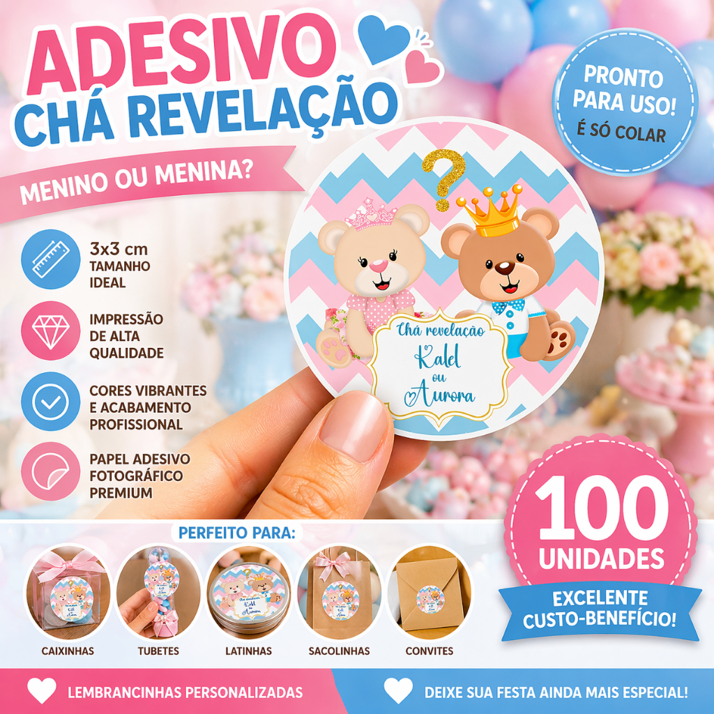 Adesivo Chá Revelação 3x3 cm – 100 Unidades | Lembrancinha Menino ou Menina Ursinho Fofo | Personalizado com nome e data