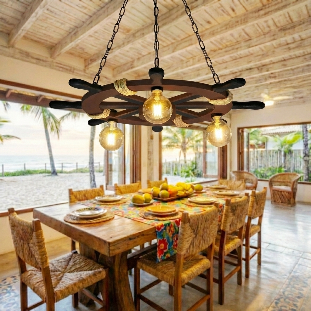Lustre Luminária Pendente Roda Timão Rústico Víntage Veleiro Marina Casa De Praia Detalhe Sisal