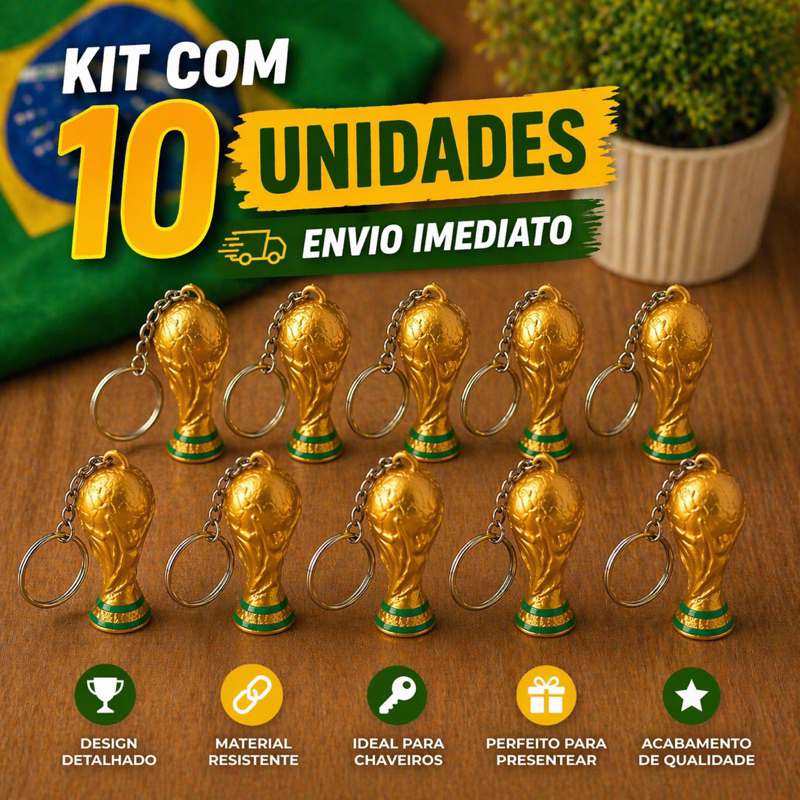 Kit 10 Chaveiro Copa Mundo Brasil Torcedor Taça Esporte Troféu Futebol