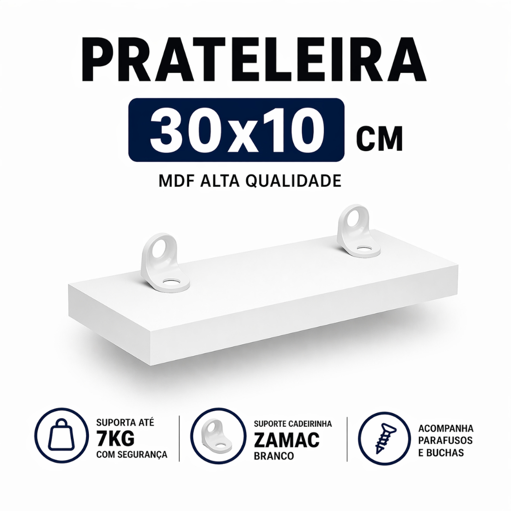 Prateleira branco 30X10 Com Suporte Flutuante Mdf Organizadora Decoração Cozinha Qua em Oferta na Shopee