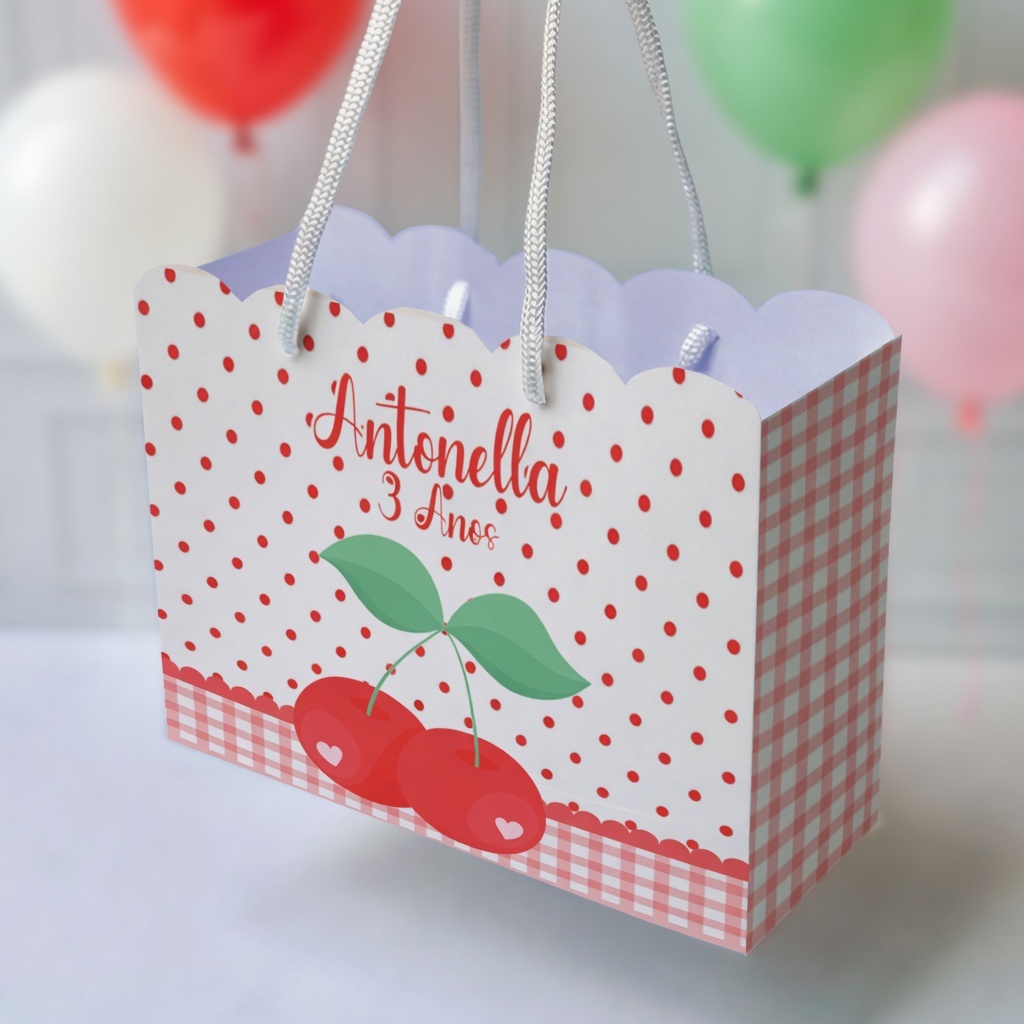 Sacola Personalizada Cerejinha | Sacolinha Personalizada | Kit com Alça e Pegue e Monte | Lembrancinha Festa