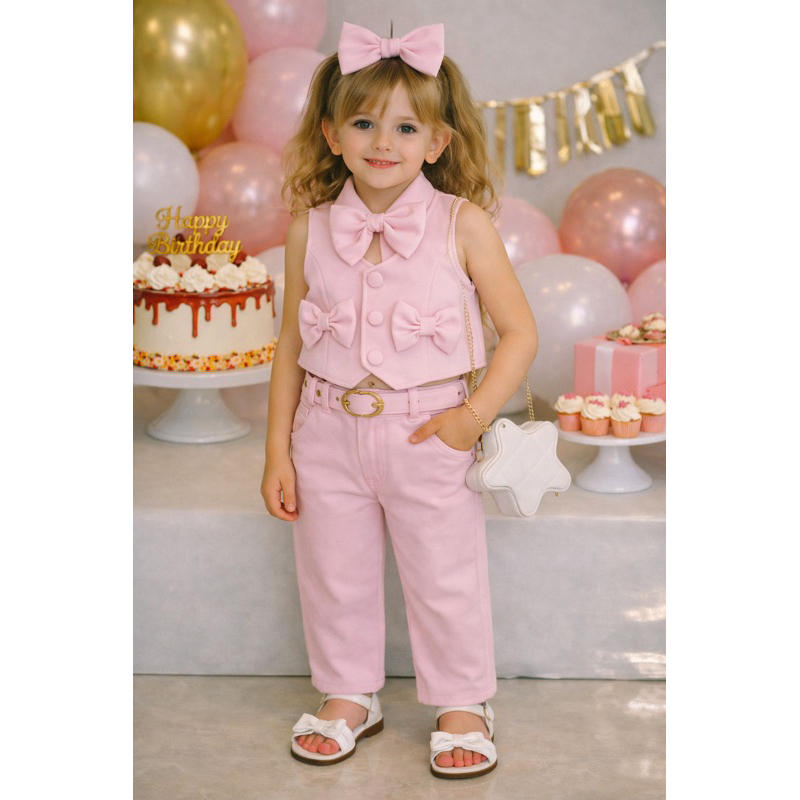 Conjunto Infantil Feminino Alfaiataria com Colete e Calça Social Elegante Menina Moda Infantil Tendência