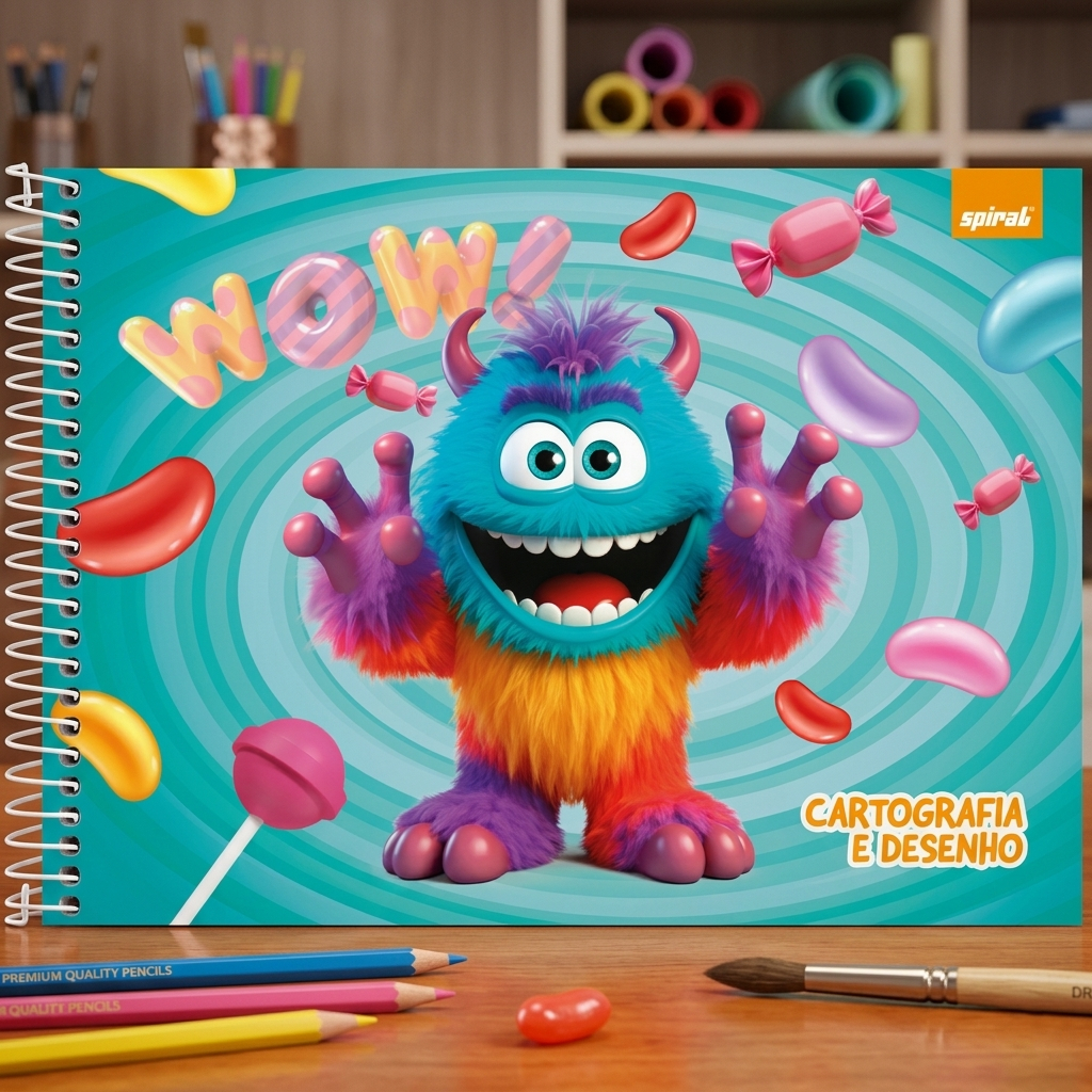 Caderno de Desenho Cartografia Monstrinho Fofo 48 Folhas Capa Dura Infantil Escolar Aula Artes