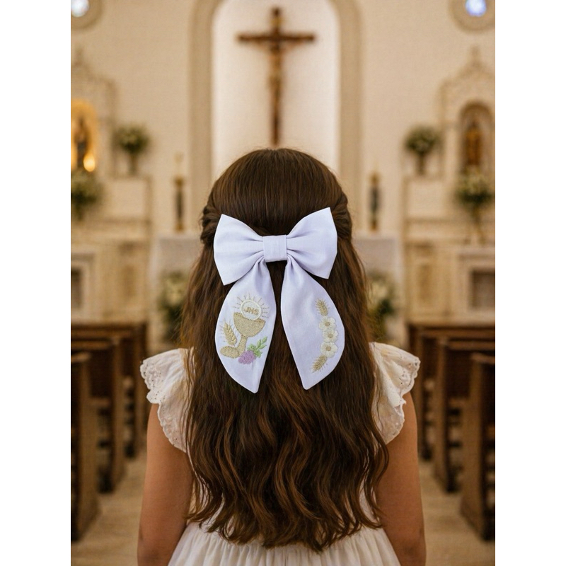 Laço de cabelo bordado eucaristia primeira comunhão igreja católico 1 eucaristia