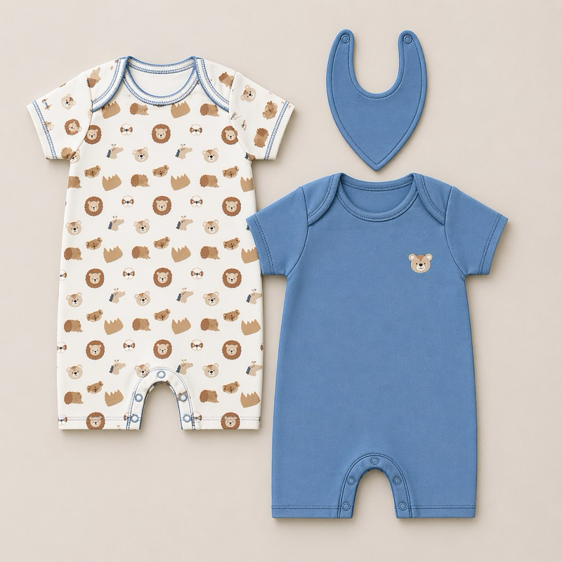 Kit Macacão Bebê Menino Algodão - Romper Verão - 3 Peças