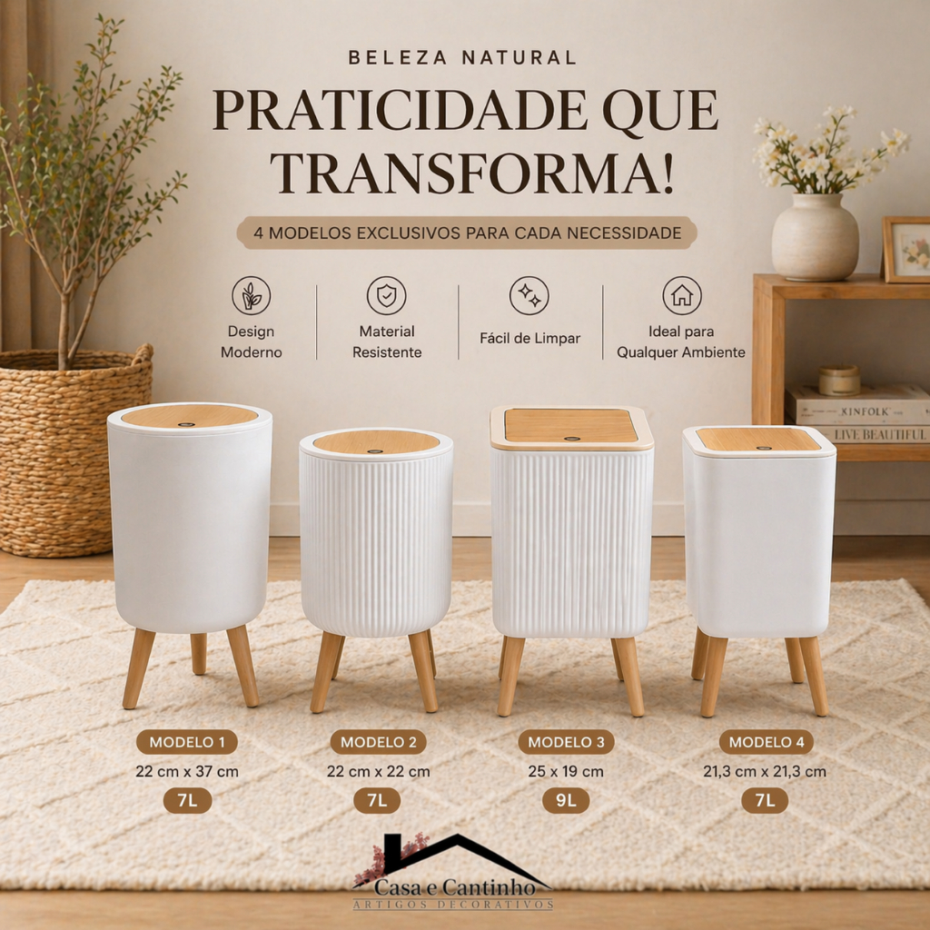 Lixeira De Plástico 9/8 Litros Branca Pés De Bambu Tampa Click De Pressão Cozinha Banheiro