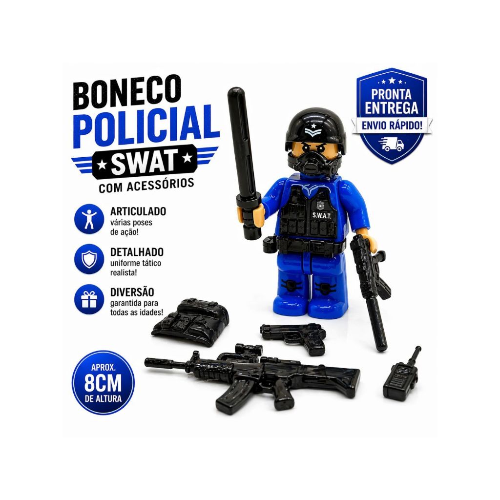 Boneco Policial SWAT com Acessórios – Figura Articulada Estilo Blocos de Montar Infantil