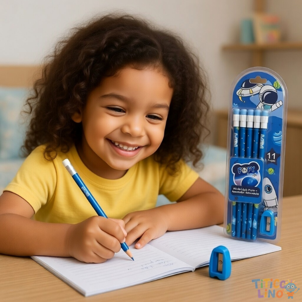 Kit Lapis de escrever 11 lápis de escreve e 1 Apontador Astronauta Material Escolar Volta as Aulas