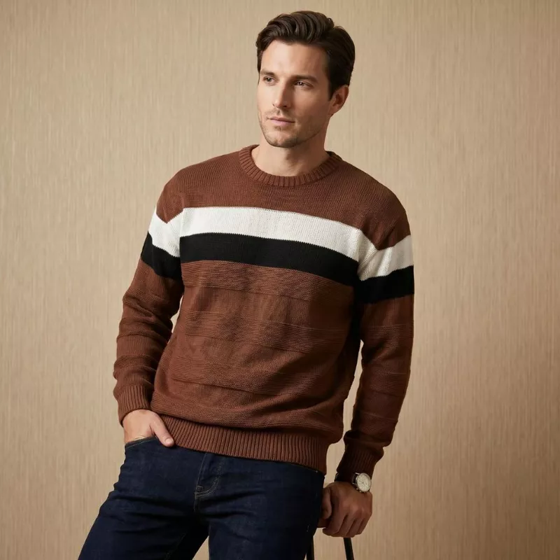 Blusa Masculina Manga Longa Gola Redonda Suéter Blusa De Frio Tricot Listrado Inverno Casual Básico Tricô