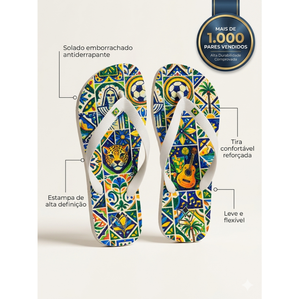 Chinelo Feminino Estampado Colorido Brasil Confortável Praia Antiderrapante