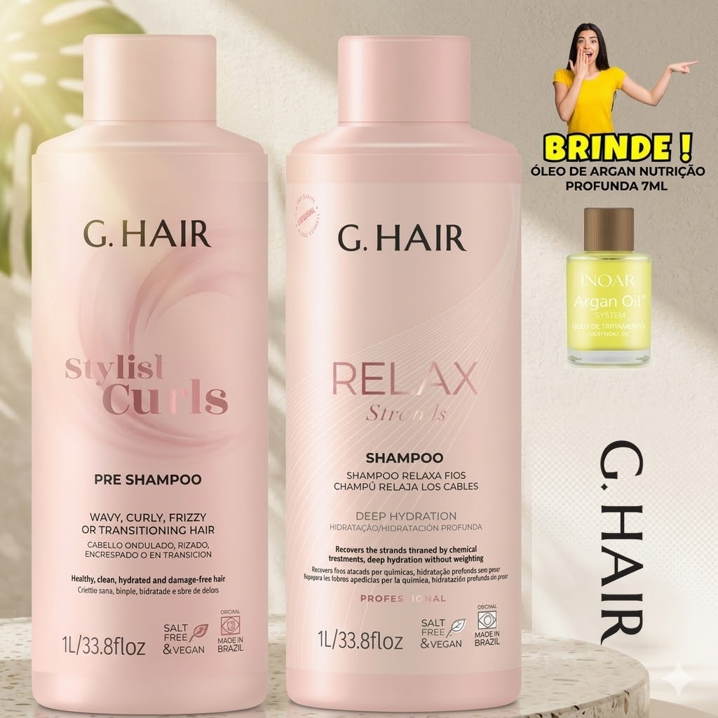 G.HAIR 1 PRE-SHAMPOO CACHOS ESTILOSOS+ 1 SHAMPOO RELAX  2X1L+ OLEO ARGAN 7ML GRATIS