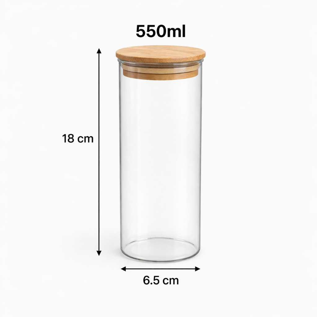 Kit Potes de Vidro 550ml com Tampa Bambu Hermético Porta Mantimentos Cozinha Premium