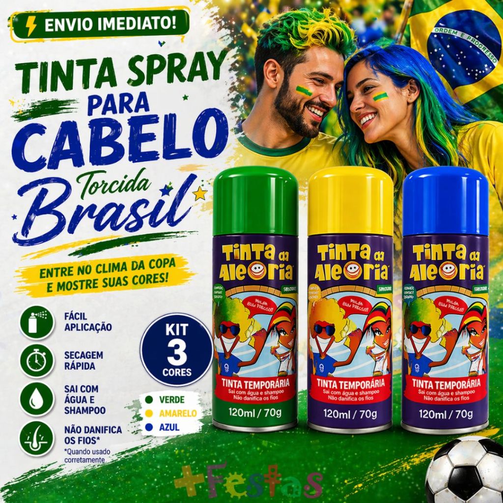 Kit 2 ou 3 Tinta Spray Cabelo Maluco Brasil Copa do Mundo Azul Verde Amarelo