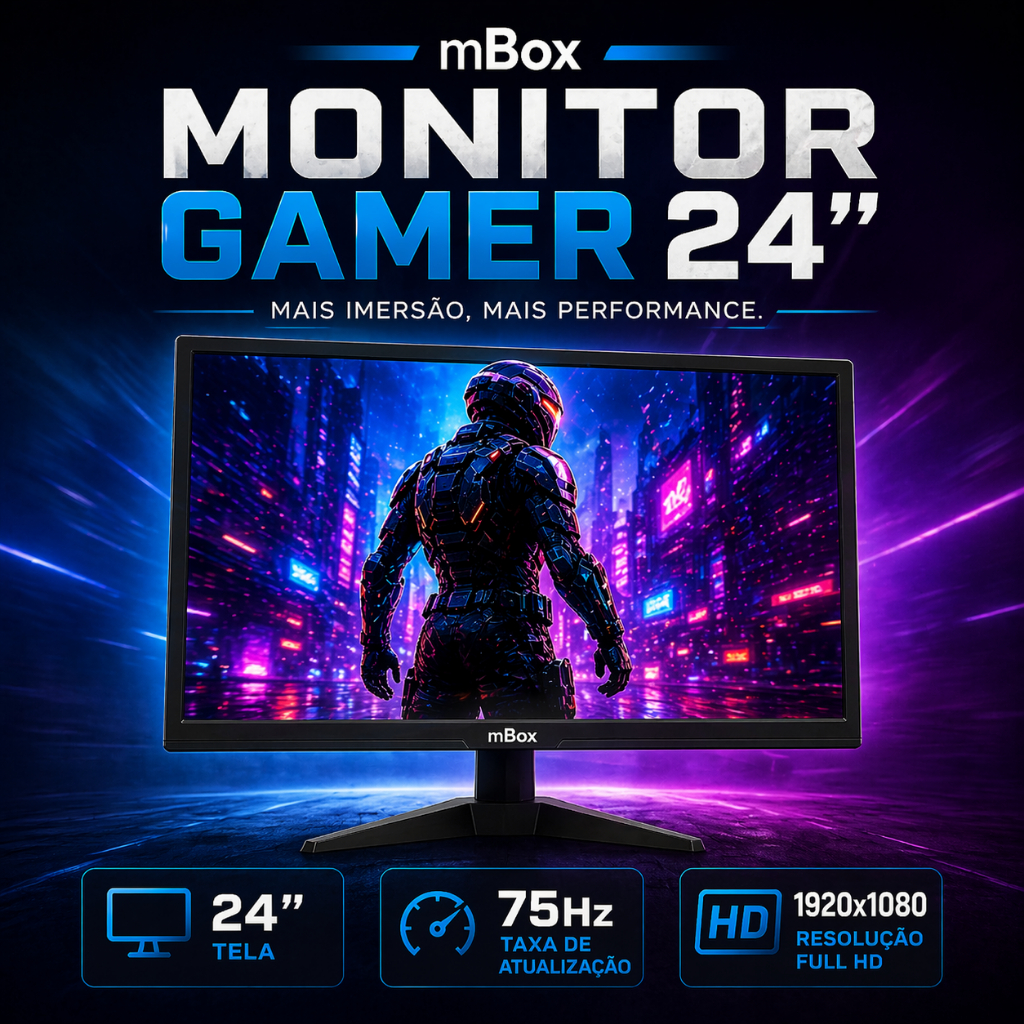 Monitor Gamer 24” Full HD 75Hz LED HDMI/VGA 1920x1080 | Tela 24 Polegadas Alta Definição mBox