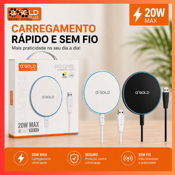 Carregador MagSafe 20W Magnético Sem Fio Turbo USB A’gold BTE-52 - Prático E Compacto