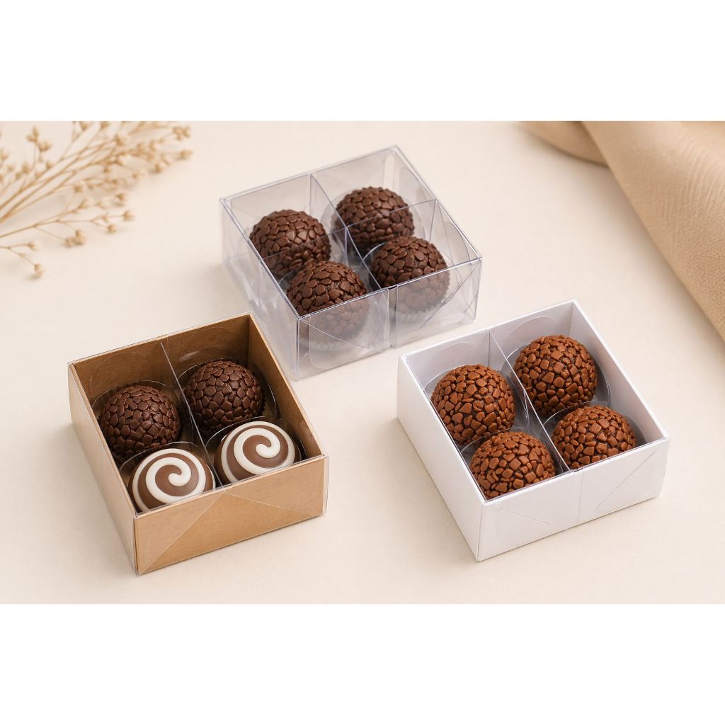 Caixinha para 4 Doces Brigadeiro Gourmet Embalagem Kraft Branca Transparente 50 Unidades