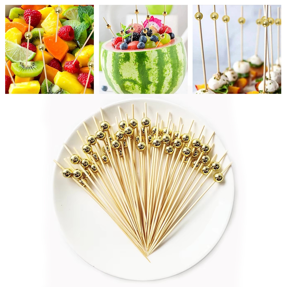 12cm Kit 100 Palitos de Bambu Para Petisco Decorado Bolinha dourada