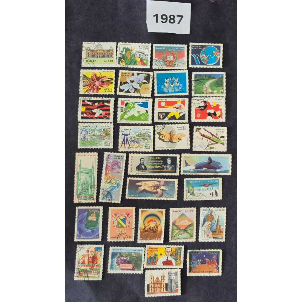ANO COMPLETO DE SELOS DOS CORREIOS DE 1987 - SELOS COMEMORATIVOS USADOS DO BRASIL. FILATELIA.