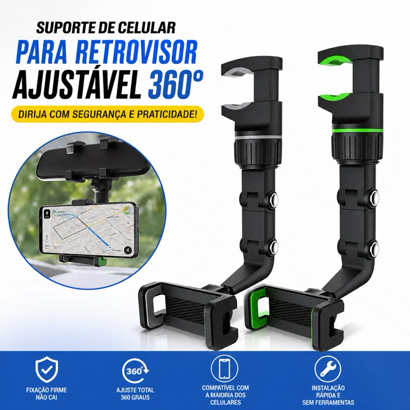 Suporte Celular Retrovisor Carro Ajustável 360° Universal Firme Não Cai GPS Smartphone