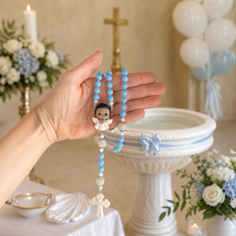 Terço para batizado Anjo da guarda | terço grande pode ser pendurado kit com caixa de presente e organza