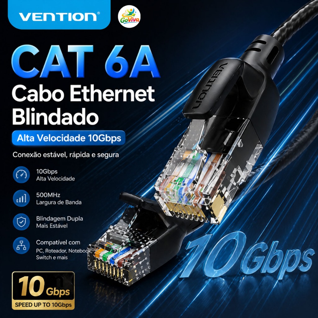 Cabo Ethernet Cat6a Vention 10Gbps Blindado RJ45 | Alta Velocidade para PC, Roteador e Notebook