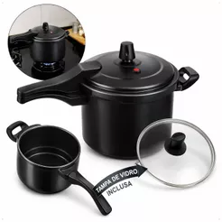 Panela de pressão 4,5 litros com fechamento externo antiaderente teflon com tampa de vidro extra preto bege baunilha
