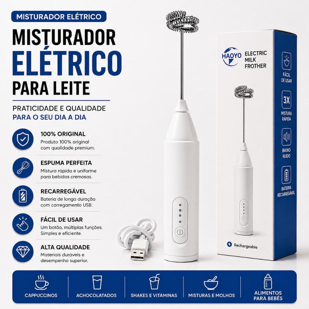 Mini Mixer Misturador Elétrico USB-C de Leite Café Original Premium Recarregável de Bebidas Batedor Ovo Portátil