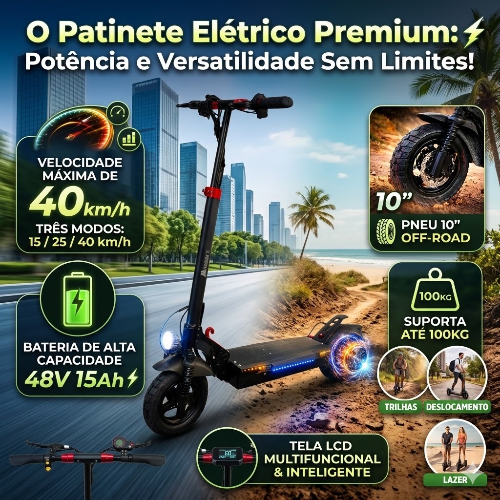 Patinete Elétrico 800W 40km/h Off-Road Pneu 10" Bateria 48V 15Ah Scooter Elétrico Dobrável Adulto