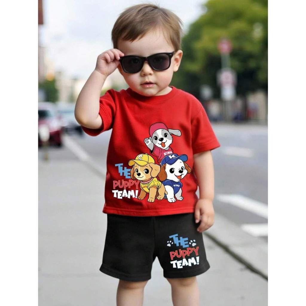Conjunto Masculino Infantil Camiseta E Bermuda Moletinho Estampa Paw 100% Algodão Cachorrinhos