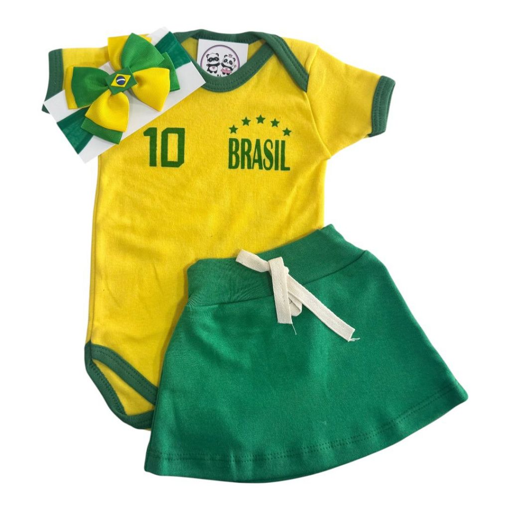 Body Menina Brasil Copa + Saia + Laço + Acessórios -  Diversos - Temático