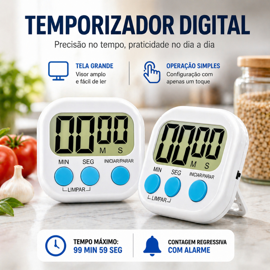 Kit 2 Mini Cronometro Timer Temporizador Relógio Despertador LCD Digital Cozinha Alarme Branco