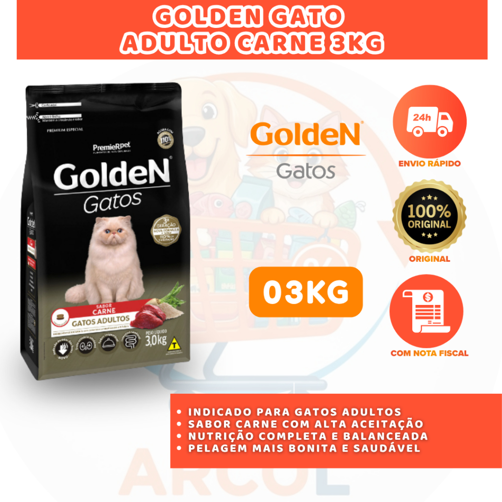 GOLDEN RAÇÃO GATOS ADULTOS CARNE 3KG ALIMENTO PREMIUM SABOROSO E COMPLETO