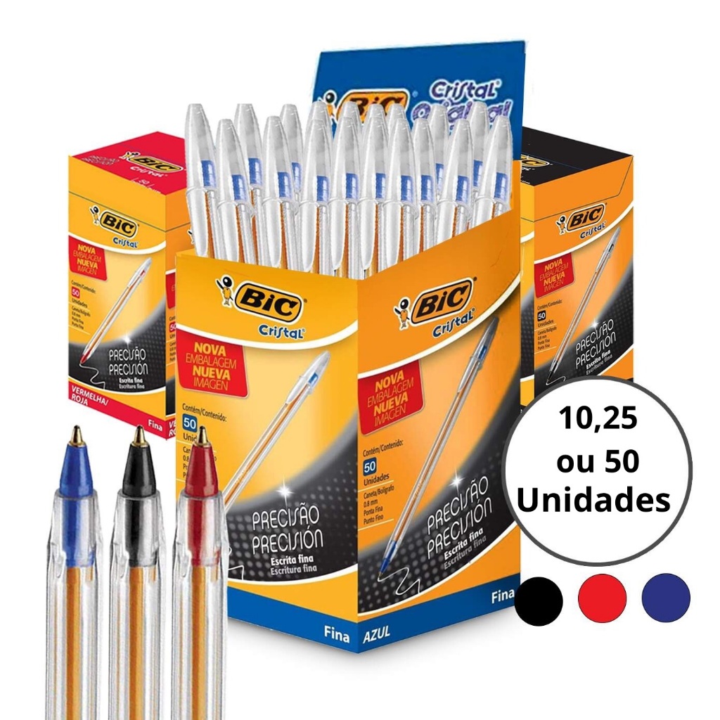 Canetas Bic Cristal Fina 0.8mm 10 25 ou caixa 50 und. Preto Azul Vermelho Escritura Fina Precisão