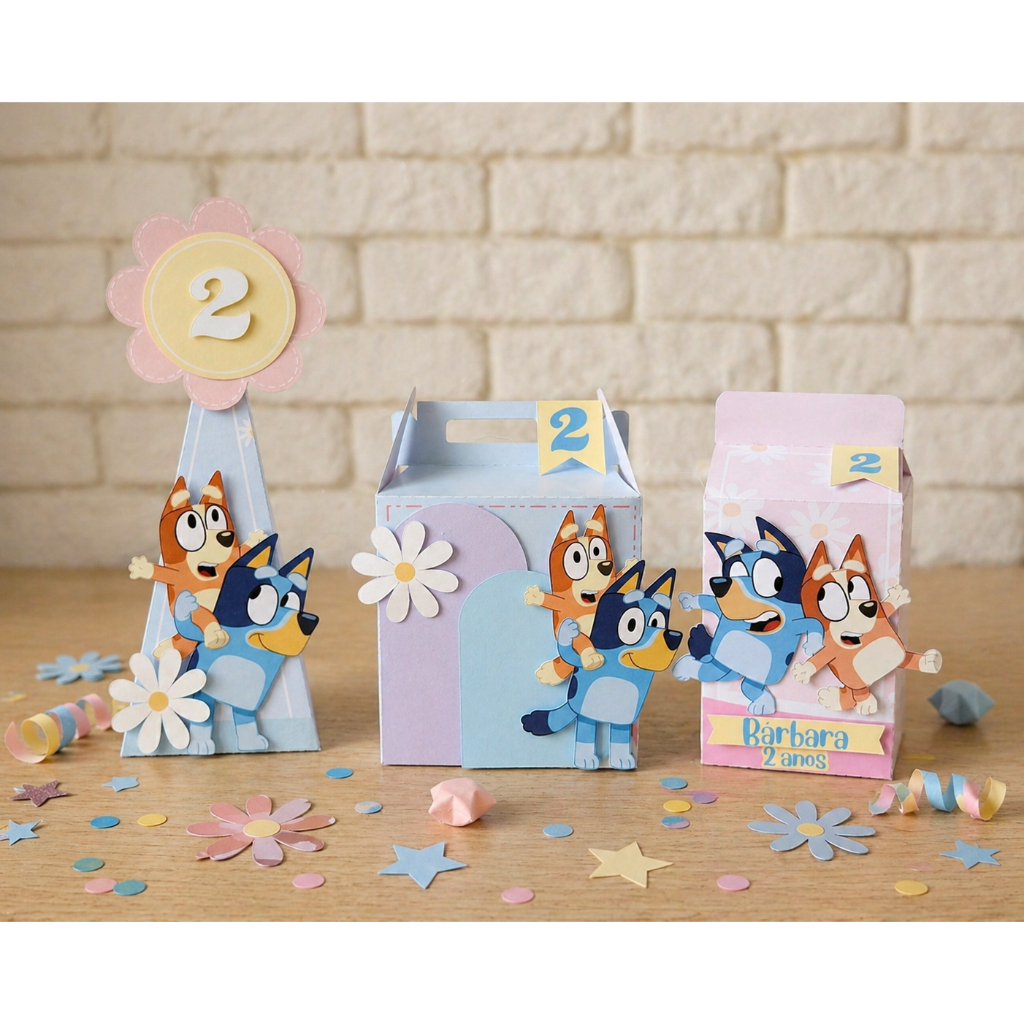 Kit Caixas Blue Personalizadas | Pirâmide + Milk + Bolsinha | Lembrancinha Festa Infantil | Aplique 3D | PEGUE E MONTE