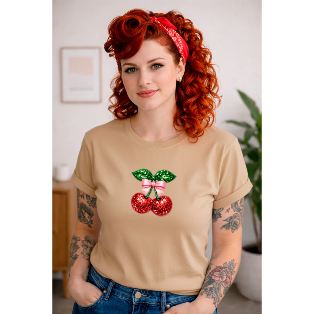 Camiseta Estampa de Cereja, Tendência moda bloqueira! Linda T-Shirt Versátil e Casual.