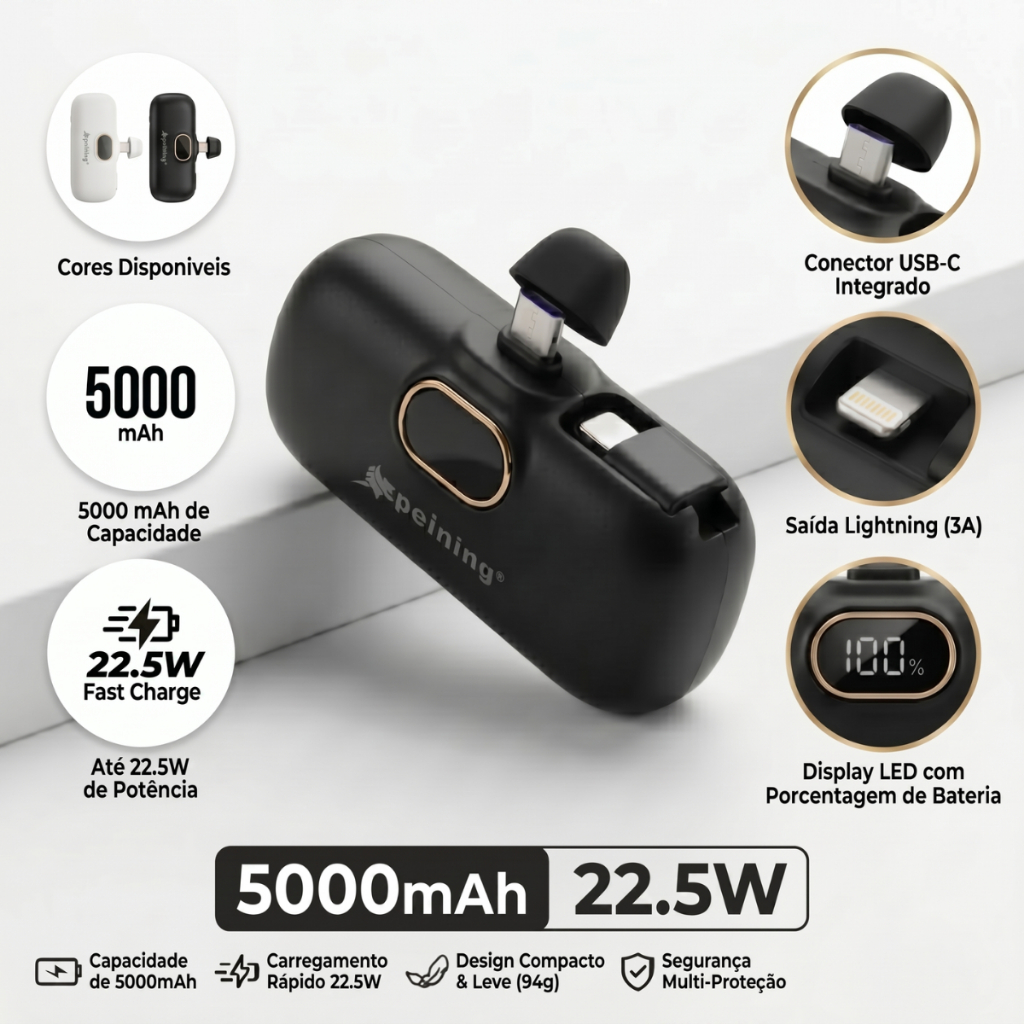 Mini Carregador Portátil Power Bank 5000mAh Carrega Rápido 2 em 1 Display Digital
