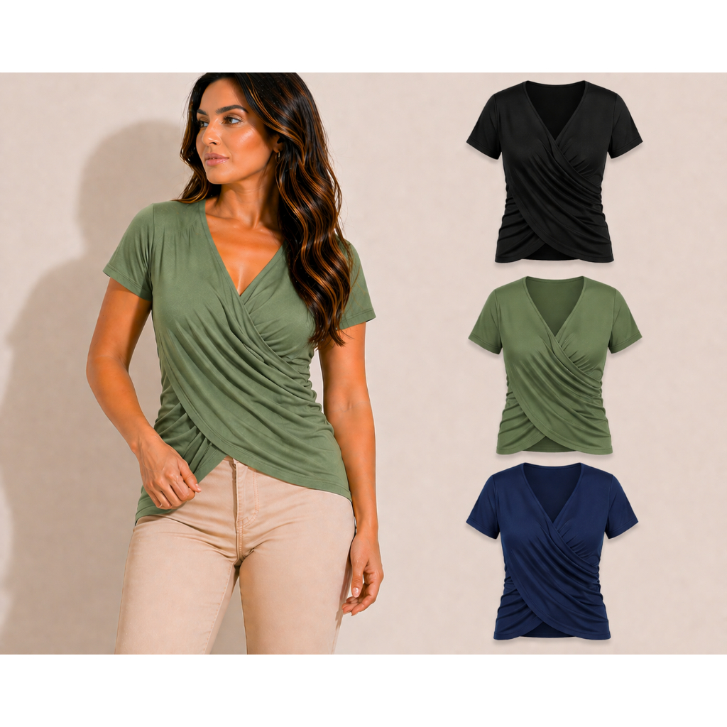 Detalhes do Kit 3 Blusas Femininas Transpassadas Manga Curta Modela o Corpo Não Transparente Viscolycra Premium
