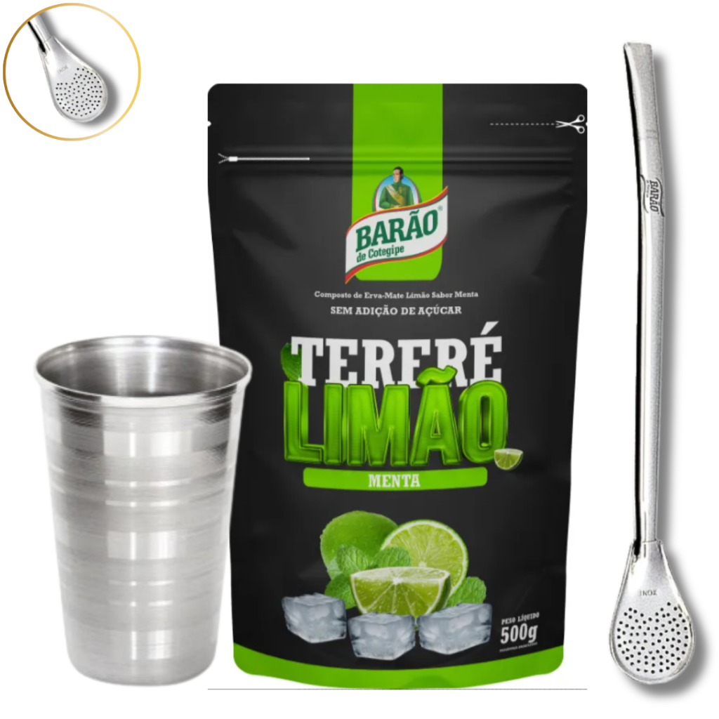 KIT BARAO Erva Mate 500g Barao + Copo Aluminio + Bomba Clássica 19cm