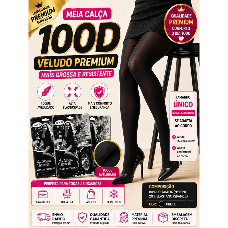Meia Calça 100D Premium  Feminina  Alta Elasticidade Tamanho Único Preta