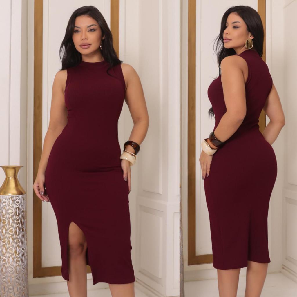 Vestido Feminino Midi Canelado Premium Regata Com Fenda Lateral Gola Redonda Casual Moda Tendência