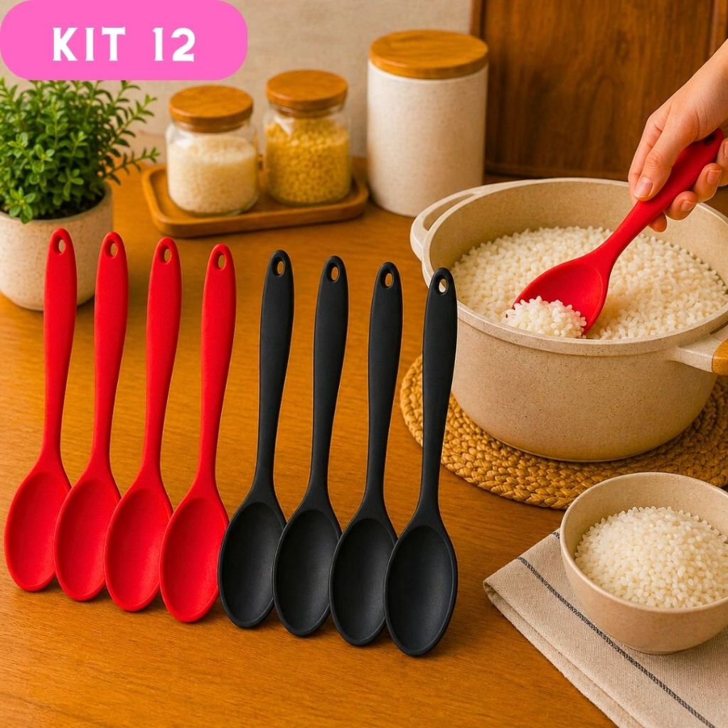 Conjunto de 12 Colher Silicone Utensílio De Cozinha Arroz Fritar Resistente a Altas Temperaturas