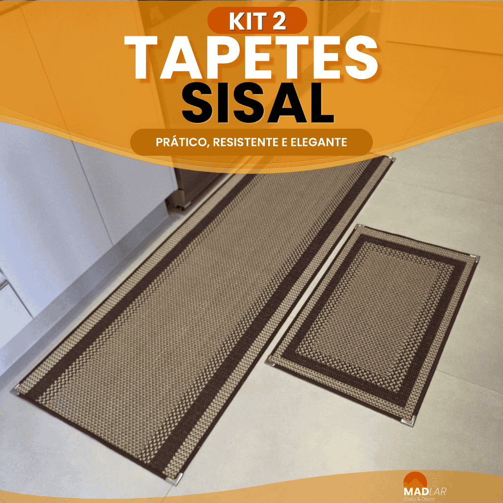 Kit Tapetes Passadeira 1,80m x 66cm + Capacho 80x50cm Sisal Antiderrapante Cozinha Beira Pia Cama Lancer
