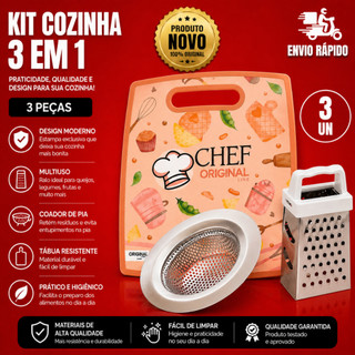Kit 3 Peças Tábua de Corte 20x30cm + Ralo de Pia + Mini Ralador 4 Faces Praticidade e Organização