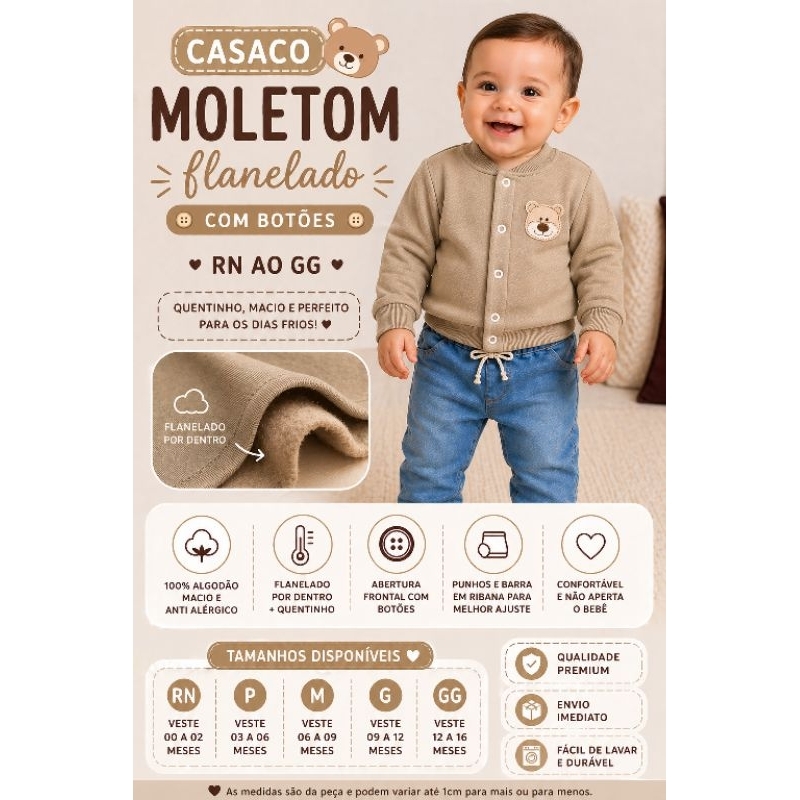 Casaco Moletom Flanelado com Botões Bebê RN ao GG – 100% Algodão | Conforto e Qualidade Premium