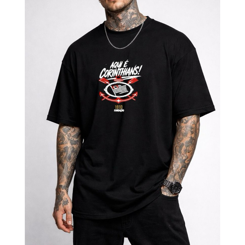 Camiseta Corinthians Masculina Preta Aqui é Corinthians Streetwear Premium