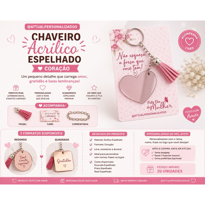20 Chaveiro Acrílico Espelhado Coração Personalizado | Lembrancinha Premium ✨