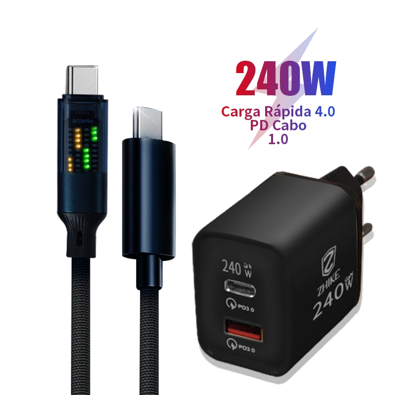 Cabo Carregamento Rápido Carregador PD Tipo C 1M GaN Adaptador Marquee Trançado Charger Cable