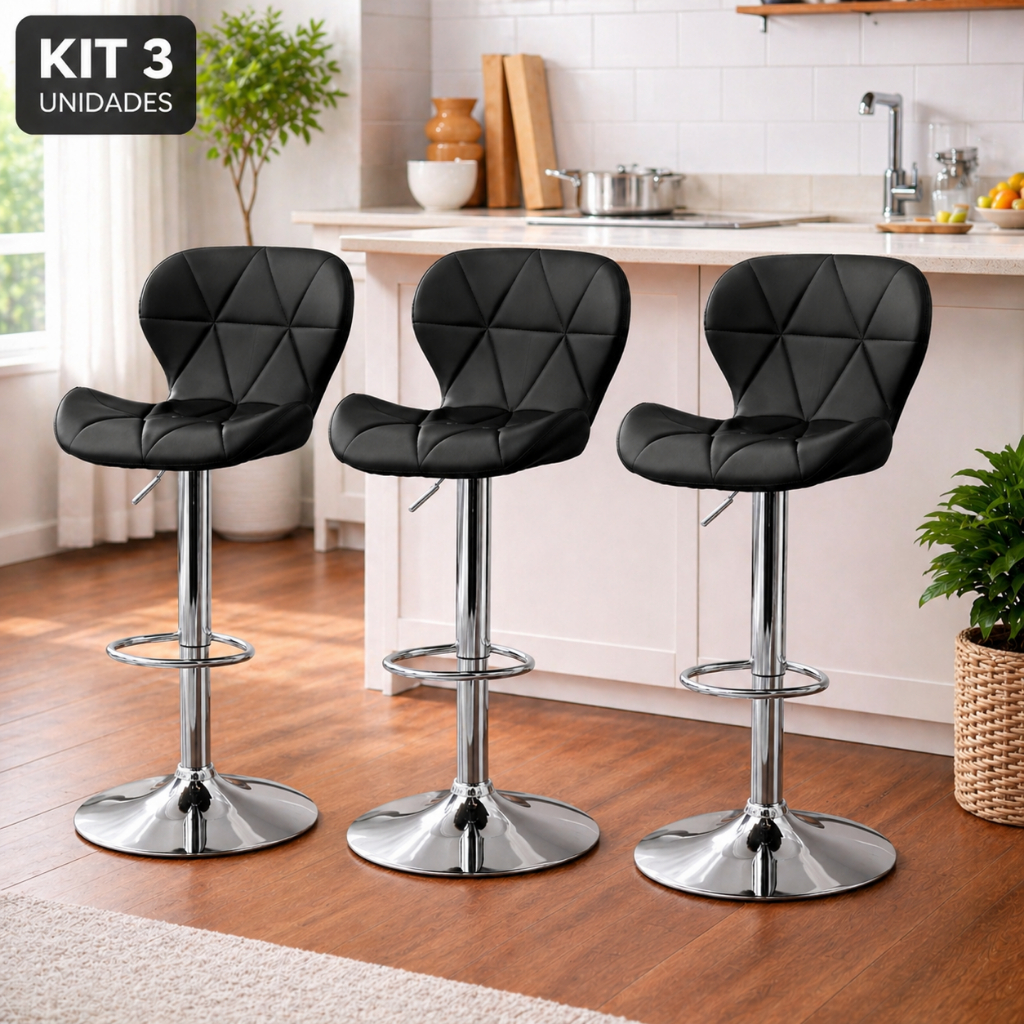 Kit 3 Banqueta Slim Estofada Giratória c/ Regulagem Cozinha Sala Escritório Clínica Salão Conforto