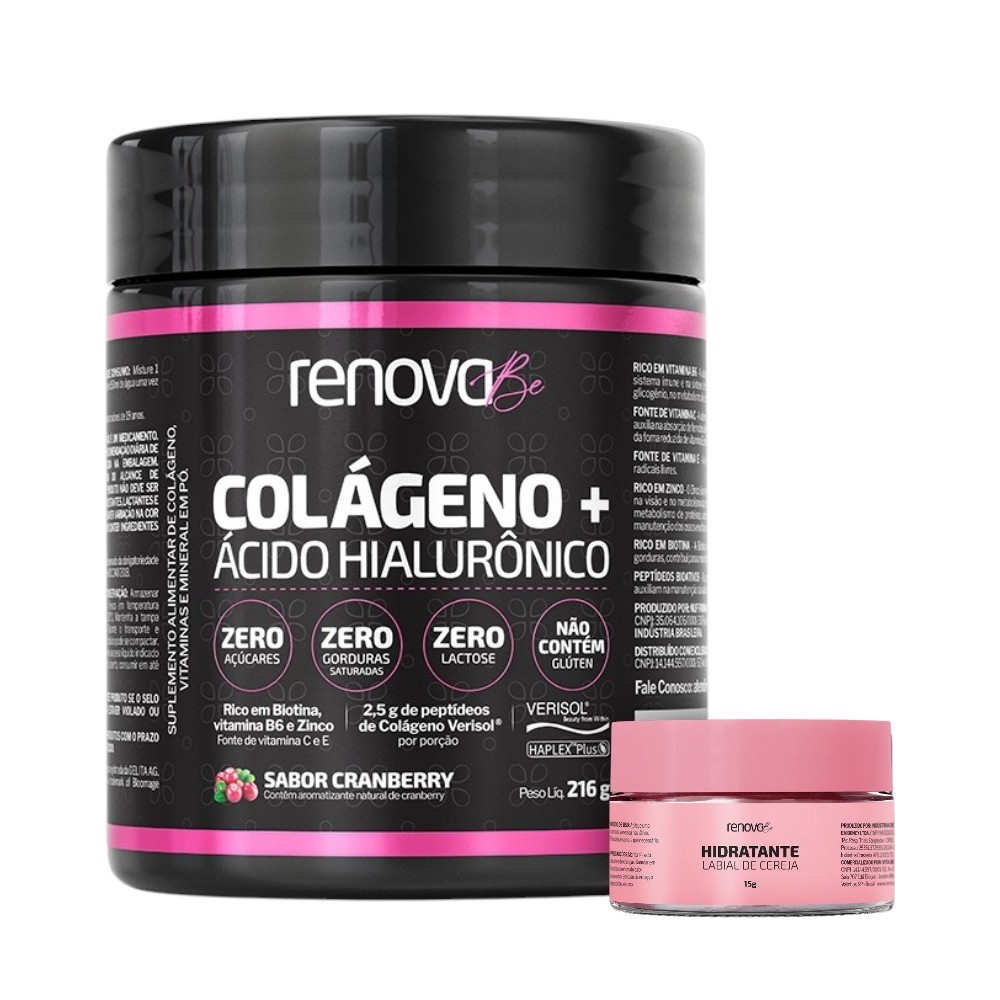 Colágeno 216g com Verisol e Ácido Hialurônico + Hidratante Labial de Cereja - Renova Be